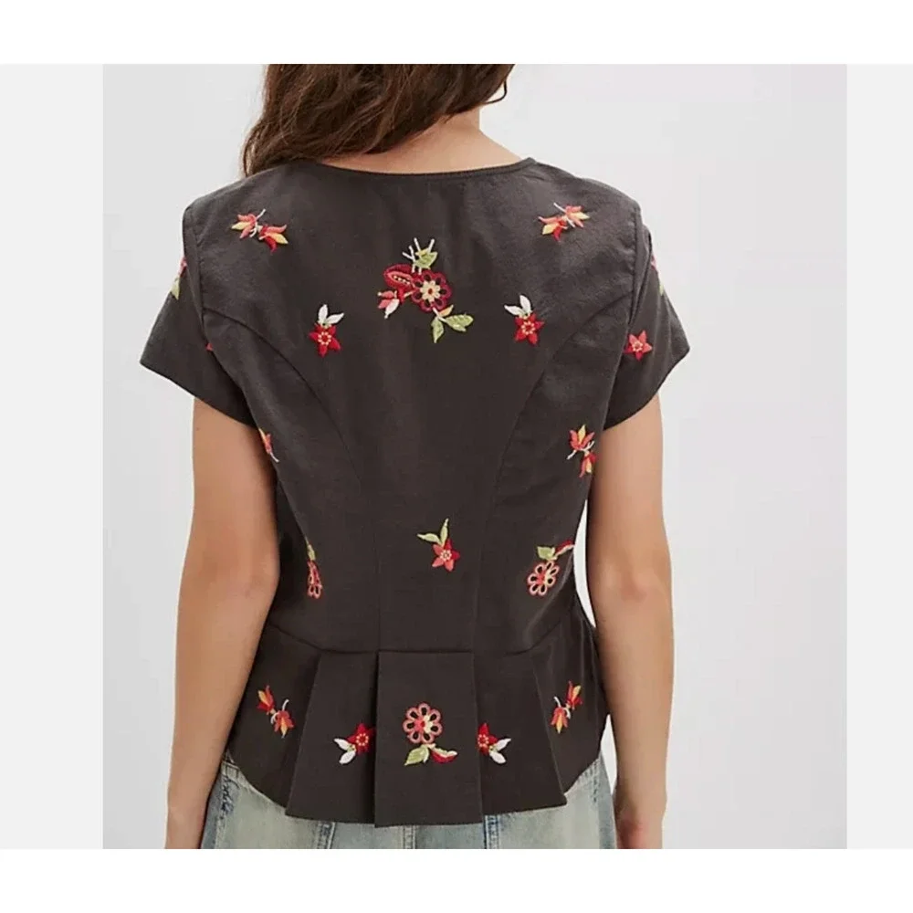 New Free People Kelly Black Floral Embroidered Button Detail Blouse XL $148 NWT